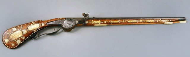 German Sull Military Wheelock Carbine: Mid 17th century, with inlaid carved bone decoration. Length 40 1/2 inches. Provenance: Christie's, sale 6235 lot #294, November 20, 1986.