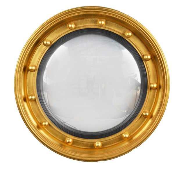 Gilt Wood Convex Mirror: Gilt wood and ebonized frame with ball decoration. Diameter 32 inches.