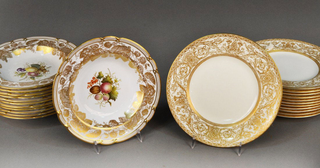 Two Sets of English Porcelain Plates: Comprising a set of twelve Copeland soup plates, pattern 17050; and a set of twelve Royal Worcester dessert plates, Embassy pattern. Dessert plates, diameter 8 inches.