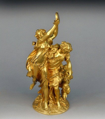Claude Michel Clodion (Fr. 1738-1814) Bacchanalia: Gilt bronze, signed and dated 1762. Height 16 inches.