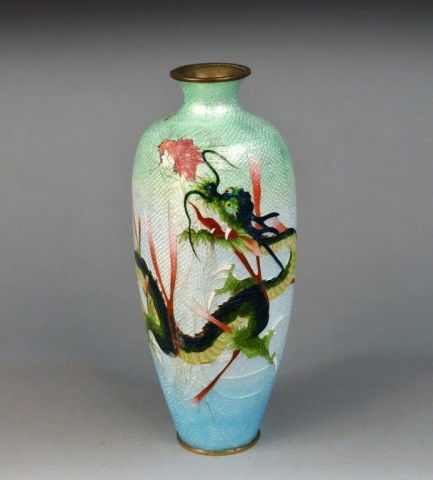 Chinese Cloisonne Vase: Early 20th century, with dragon decoration on a pale green fading to white fish scale ground. Height 11 inches. (As is condition).