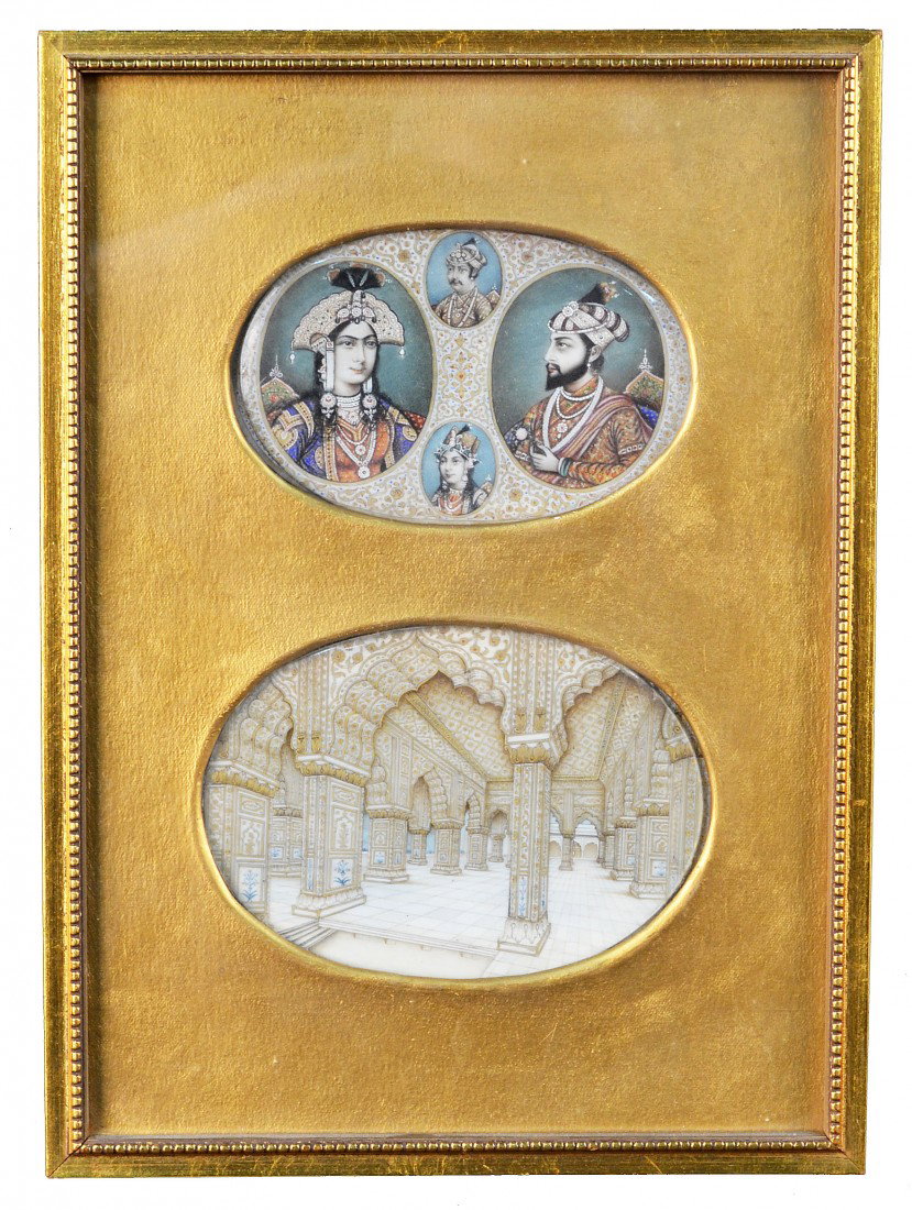 Mughal Painting: Two oval pictures framed together. One, depicting Indian royalty; the other, depicting palace interior. Frame size 10 x 7 1/2 inches.