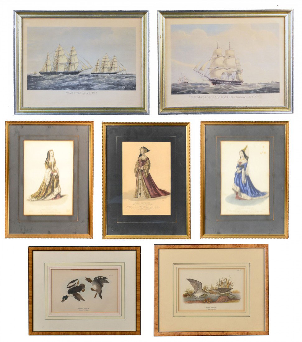Group of Seven Decorative Prints: Comprising three sets of prints (1) Three fashion prints depicting Margaret of Scotland, Jane Seymour, and Margaret, Daughter of Henry VII; (2) A pair of ornithological prints depicting the American G