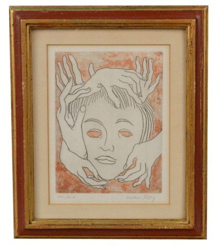 Man Ray (Am./Fr. 1890-1976) Signed Print: Polychrome, depicting a head surrounded by six hands. Signed and numbered in pencil, "Man Ray 10/150". 8 x 6 inches.
