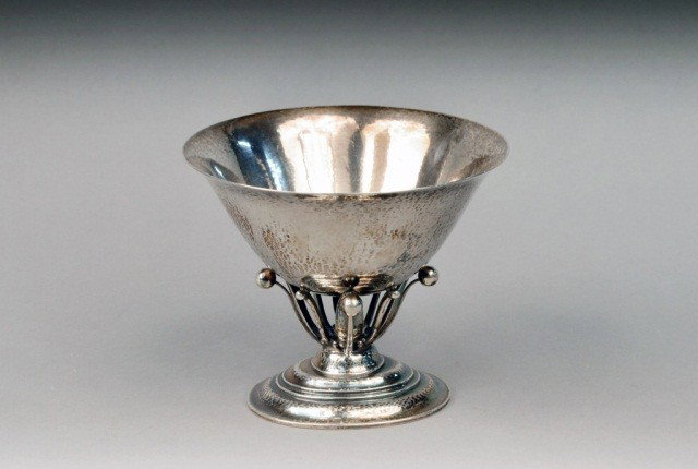 Georg Jensen Sterling Silver Compote: Hand hammered finish. Height 5 1/4 inches, diameter 6 1/2 inches, approximately 12.5 ounces.