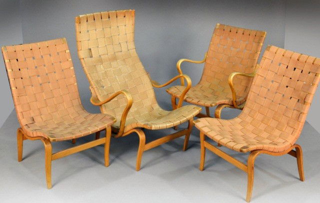 Set of Four Bruno Mathsson Chairs: Two armchairs and a pair of side chairs. Largest, height 39 inches, width 23 inches, depth 35 inches.