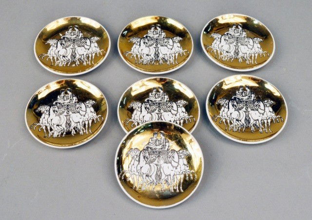 Fornasetti Coasters: Classical decoration, gilt highlights. Diameter 4 inches.