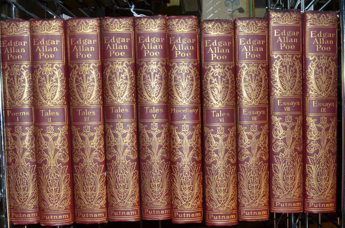 Edgar Allen Poe Works: Ten volumes, comprising Poems, Tales, Essays, and Miscellany. New York: Putnam's, 1902. Knickerbocker Press editions, original gilt cloth.