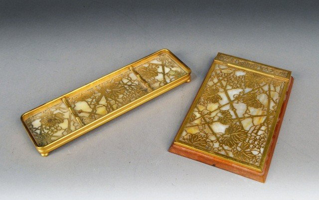 Tiffany Studios Pen Tray & Notepad Holder: Grapevine pattern, gilt bronze and glass. Notepad holder, 8 x 5 inches.