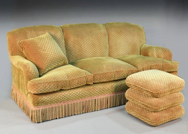 Victorian Style Over-Upholstered Sofa: Tapestry style three cushion seat with fringe trim and matching ottoman. Couch, Height 35 inches, width 7 feet, depth 36 inches.