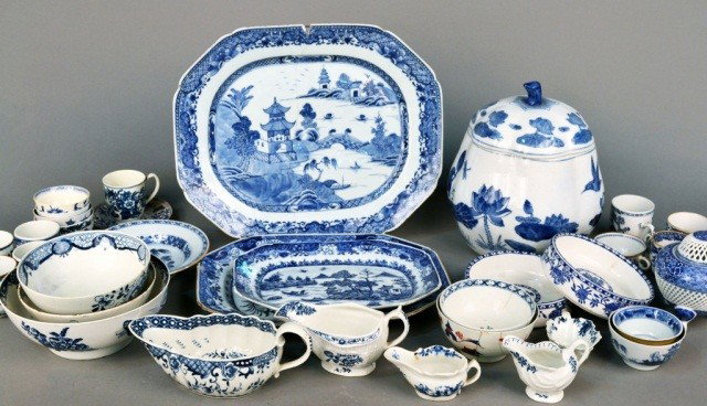 Assorted Group of Blue and White Porcelain: Approximately twenty-five pieces, including, Chinese export porcelain, Caughley ware and a polychrome Lowestoft vase.