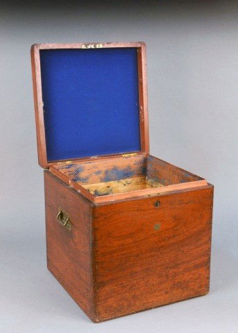 English Campaign Style Mahogany Cellarette: Height 16 inches, width 15 inches, depth 15 inches.