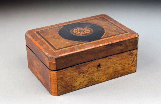 19th c. English Inlaid Sewing Box: Height 4 inches, width 9 1/2 inches, depth 6 1/2 inches.