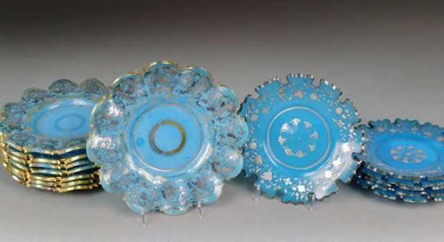 Two Sets of Blue Opaline Glass Plates: Largest, diameter 9 inches.