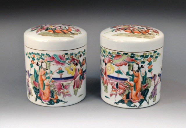 Pair of Chinese Covered Cookie Jars: Height 10 inches.