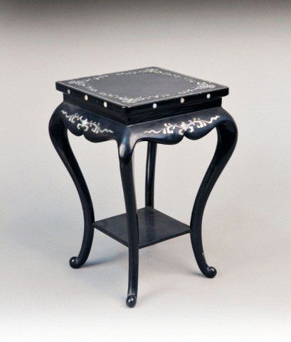 Chinese Lacquered Small Taboret: Square top with shaped apron, cabriole legs joined by a lower shelf, abalone scroll decoration. Height 11 1/2 inches, 8 inches square.