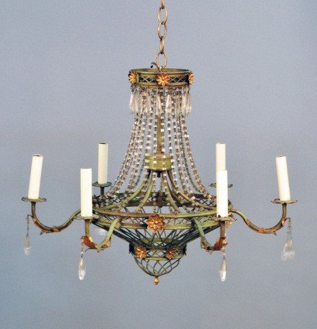 Patinated Metal and Tole Beaded Chandelier: Six arms. Height 20 inches, diameter 24 inches.