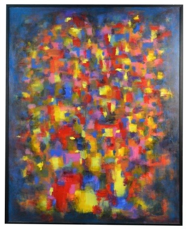 Jane R. Kleszczowski (Am, 21st C.) Ziccardi 1: Oil on canvas, an abstract in red, yellow, and blue, signed l.r. and on verso, 60 x 48 inches.