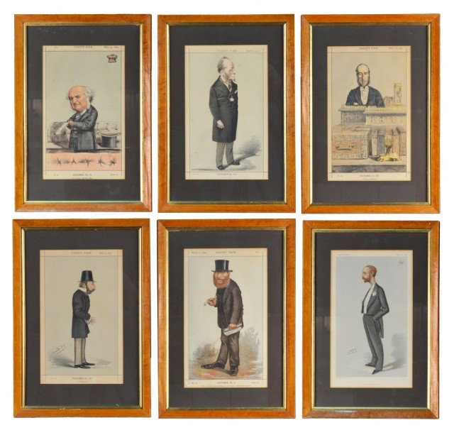 Six Vanity Fair Spy Prints: Including (1) The Right Honorable W. E. Forster, dated and numbered March 6, 1869, #18; (2) Lord Westbury, dated and numbered May 15, 1869, #28; (3) Mr. John George Dodson, dated and numbered December