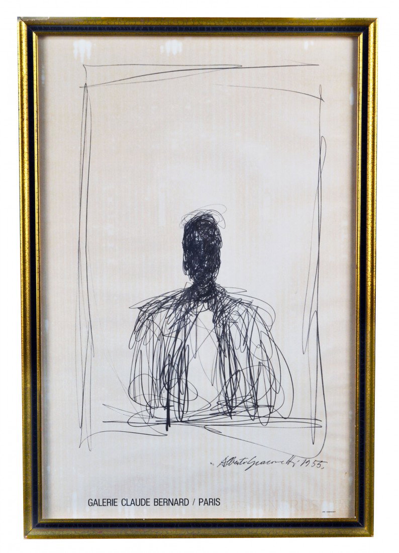 After Alberto Giacometti (Swiss, 1901-1966) Print: Print of a drawing of a man. Galerie Claude Bernard/ Paris. Signed and dated in plate Alberto Giacometti 1955. 25 x 16 1/2 inches.