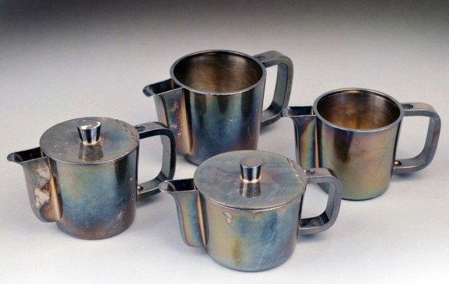 Arthur Krupp Milano Table Articles: Stainless steel, tapered cylindrical shape. Tallest 4 inches.