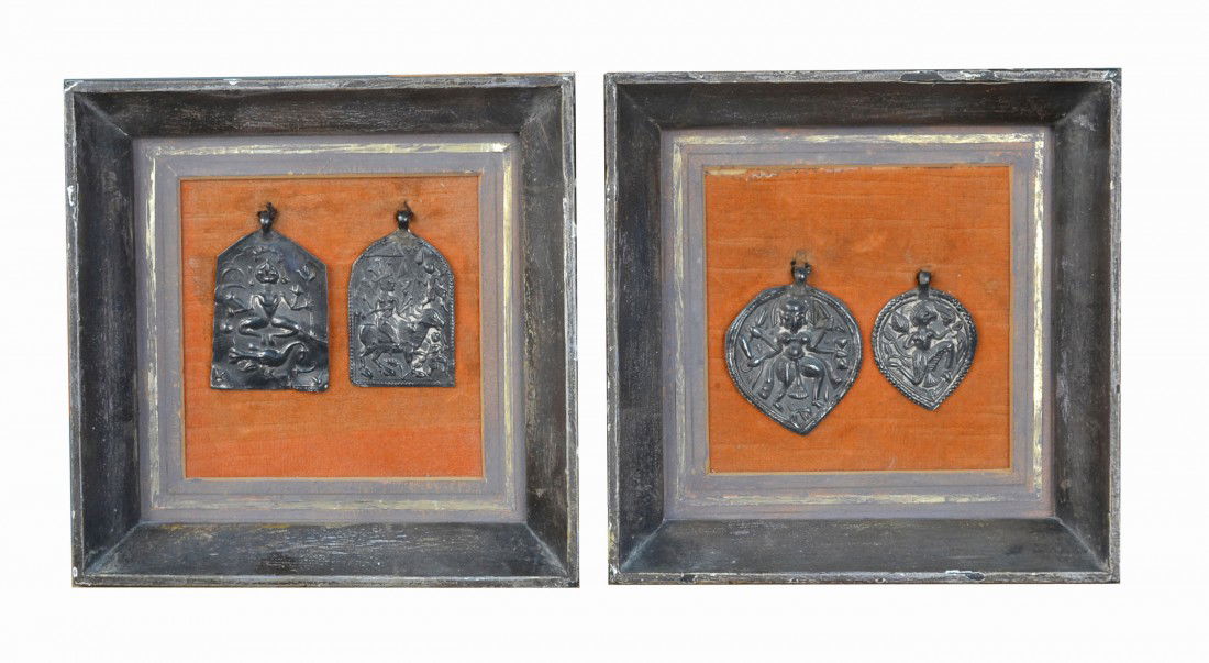 Pair of Framed Silver Amulets: Each frame contains two hanging amulets. Frames, 6 1/2 x 6 1/2 inches. Ex. Coll. Martha Graham