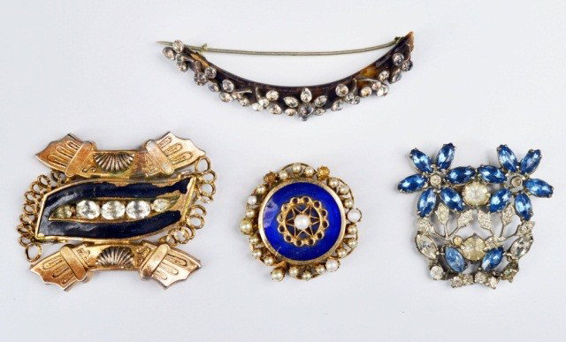 Four Brooches: Paste and enamel decorated items. Ex. Coll. Martha Graham