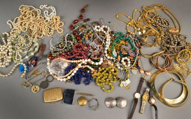Miscellaneous Group of Jewelry: Various items, including bead necklaces, bracelets, brooches, belt buckles, earrings, some sterling silver, etc.