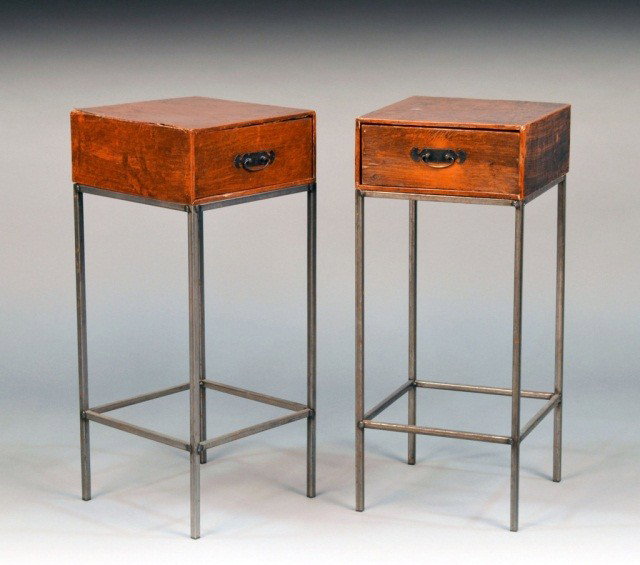 Pair of Paul McCobb Style End Tables: With drawers and bail handles. Height 28 inches, 12 inches square.