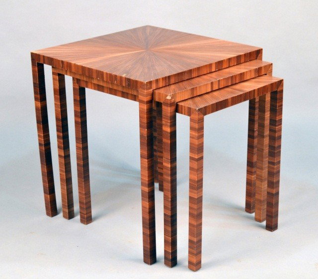 Set of Three Straw Marquetry Nesting Tables: Mid / late 20th century. Height 24 inches, width 22 inches, depth 22 inches.