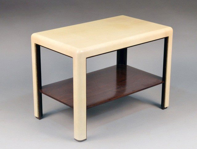 Karl Springer Style Side Table: Rectangular form , walnut with a parchment top above conforming shelf. Height 21 1/2 inches, width 30 inches, depth 18 inches.
