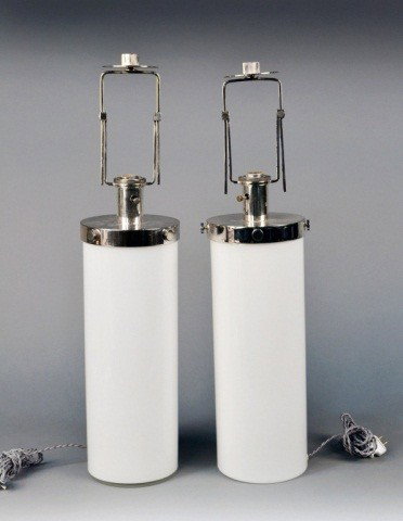 Pair of Milk Glass Lamps: Columnar with chrome trim. Height 18 inches.