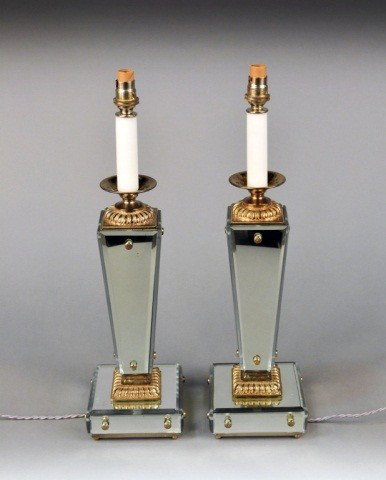 Pair of Mirrored Column Lamps: Tapered square on a stepped square base. Height 13 inches.