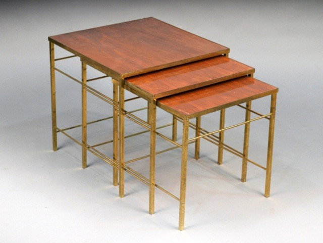 Set of Three Mahogany and Brass Nesting Tables: Mahogany inset top, raised on brass support. Height 18 inches, width 18 1/2 inches, depth 18 1/2 inches.