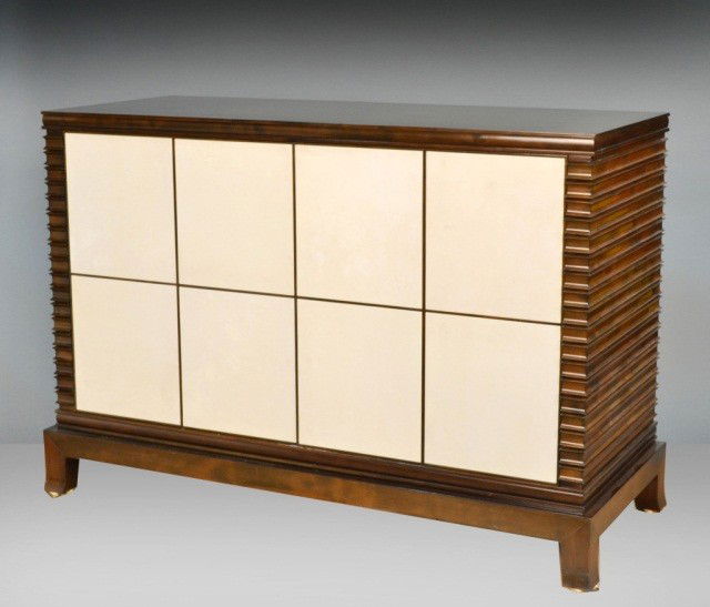 Mid Century Parchment and Mahogany Credenza: Rectangular form, raised on block feet. Height 42 3/4 inches, width 60 3/4 inches, depth 24 3/4 inches.