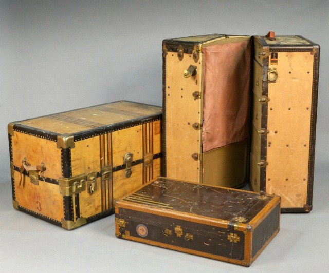 Two Vintage Steamer Trunks: Together with a vintage suitcase. Trunks, height 26 inches, width 41 inches, depth 23 inches. Ex. Coll. Martha Graham