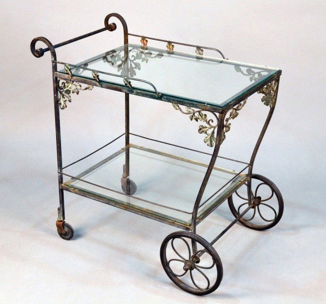 Glass and Iron Two Tier Tea Cart: Height 32 1/2 inches, width 31 inches, depth 18 1/2 inches.