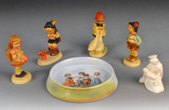 Group of Hummel Figures: Four Hummel figures, a German figure of Madonna and Child and a bowl. Tallest, height 5 inches.