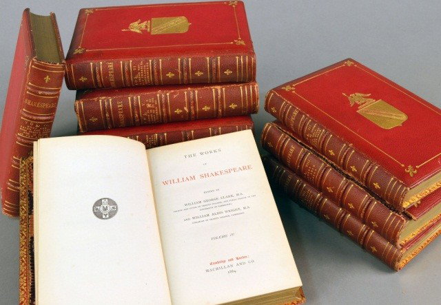 The Works of William Shakespeare: Nine leather bound volumes. Edited by George Clark, M.A. and John Glover. Cambridge and London: Macmillan and Co. 1863-1866.
