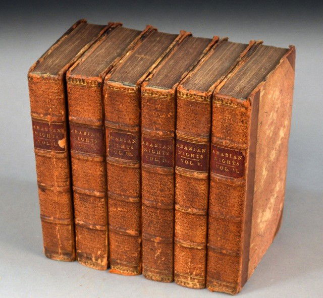 Arabian Nights in Six Volumes: Six leather bound volumes. Carefully revised, and occasionally corrected from the Arabic. Introduction and notes by Jonathan Scott, LL.D. London: Longman, Hurst, Rees, Orme, and Brown 1811.