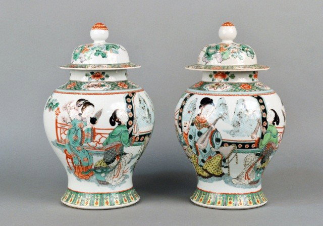 Pair of Chinese Porcelain Covered Ginger Jars: Late 19th century, domed covers with ball finials, all around figural decoration depicting musicians. Height 16 1/2 inches. (one as is condition) Ex. Coll. Martha Graham
