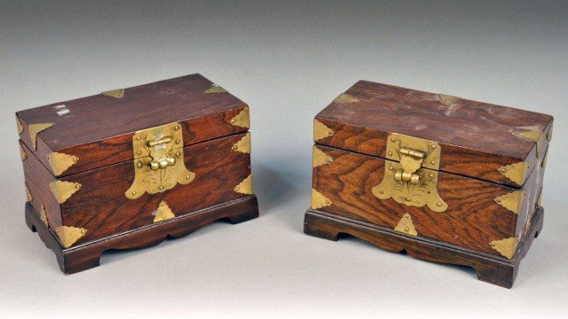 Pair of Asian Brass and Hardwood Jewelry Boxes: Height 5 inches, width 9 1/4 inches, depth 5 1/4 inches. Ex. Coll. Martha Graham