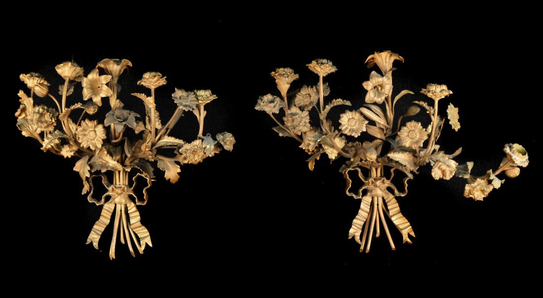 Pair of French Five Arm Sconces: With branch and floral cast brass decoration. Height 12 inches, diameter 16 inches.