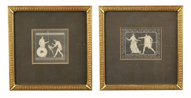 Pair of Neoclassical Greek Engravings: Sight size, woman with shield, 3 1/2 x 3 3/4 inches. Sight size, man with spear, 3 1/4 x 4 1/4 inches.