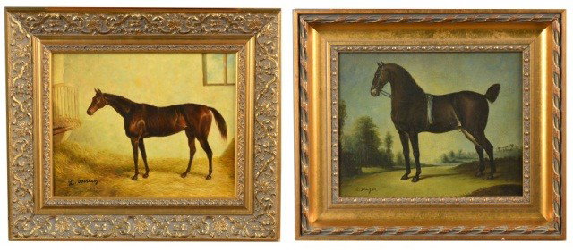 Two Sporting Paintings: Two paintings on board of horses. Bridled horse attributed and signed l.l "R. Sanger." 8 x 10 1/4 inches. Horse in stable attributed to and signed l.l. "L. Cassidy." 8" x 9 3/4".