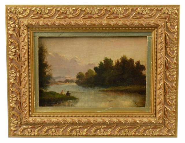 Hudson River School, 19th C. Fishing on the Hudson: Titled, "Fishing on the Hudson." Oil on board. 6 x 10 inches.