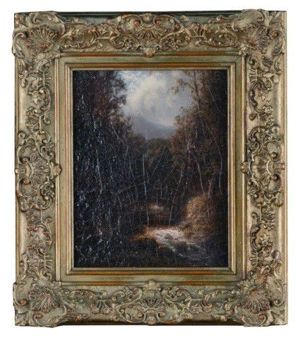 David Johnson (Am. 1827-1908) - Deer in Forest: David Johnson (1827-1908) oil on canvas on board. Titled, "Deer in a Forest Clearing." Signed l.r. 10 1/2 x 8.
