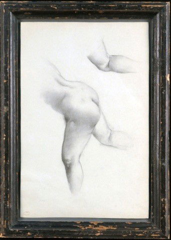 French School Pencil Study of Lower Torso and Leg: Late 19th/early 20th century study of lower torso and leg from the studio of Alfred Plauzeau (Fr. 1875-1918). Pencil on paper. Stamped l.l. "ATELIER A PLAUZEAU." 17 1/4 x 11 1/2 inches.
