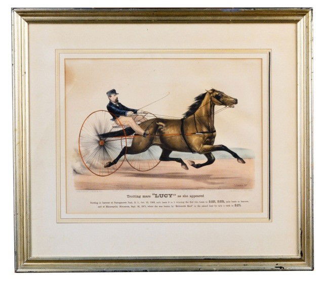 Currier & Ives, Trotting Mare Lucy: 19th c. American. Hand colored lithograph published by Currier & Ives "Trotting Mare Lucy" (after John Cameron (1871)). Provenance: Kennedy Galleries Inc. Sight size 11 x 14 inches.