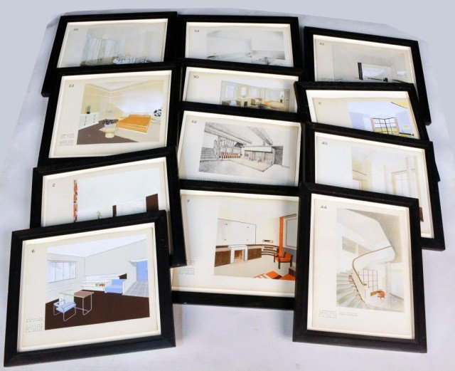 Twelve Prints, Decoration Moderne Dans L'Intereur: Set of 12 framed Art Deco and Art Nouveau style pochoir prints from Henry Delacroix, "Decoration Moderne Dans L'Interieur" ca. 1930. Illustrating rooms designed by various architects. Subject of 2006 